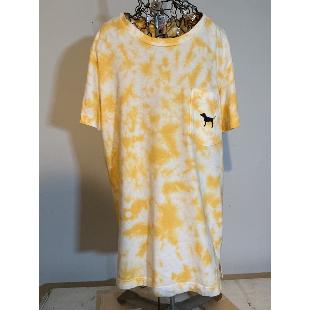 PINK Victoria's Secret Yellow Tie Dye Pocket T-Shirt Dog Logo Graphic Small